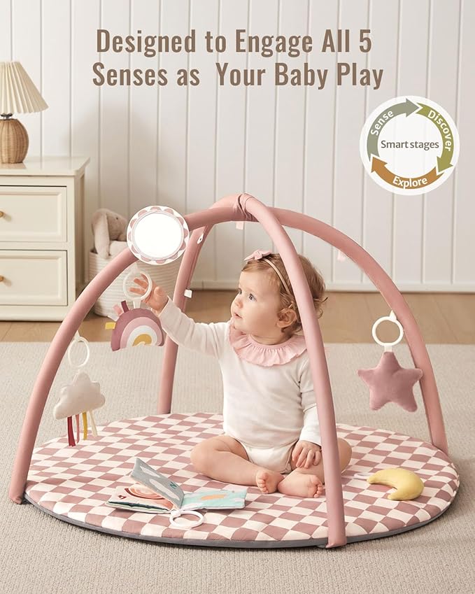 Blissful Diary Baby Play Gym Mat, Play Mat Activity Mat with 6 Detachable Toys for Stage-Based Sensory & Motor Skill Development, Easy to Install & Clean, Baby Essentials Gift, Blush Checkered