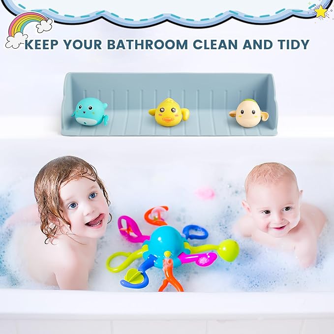 2Pack Bathtub Splash Guard for Tub, Silicone Bathtub Caddy Tray with Play Shelf, Kids Bath Tub Shelf and Organizer for Baby Bath Toys, Bath Toy Holder, Toddler Bathtub Accessories(Classic Blue)