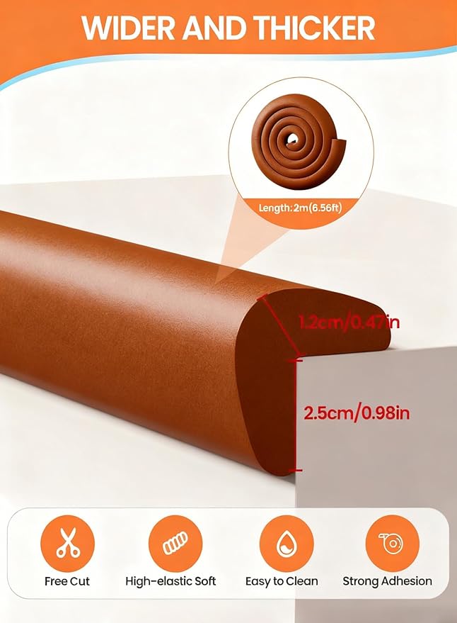 QYV Baby Proof Edge Corner Protector, 6.56FT 0.47''Th L-Shape Furniture Corner & Edge Safety Bumpers with 6 Corners, Pre-Taped, Soft NBR Rubber Foam Desk Edge Cushion Wall Corner Protector (Brown)
