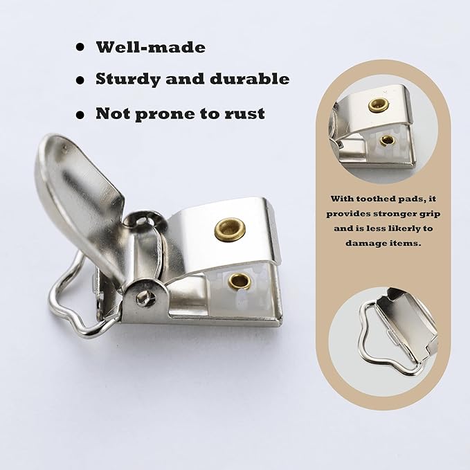 25 PCS Suspender Clips Metal Pacifier Clip Holder for Pacifiers DIY Baby Girl Toy Bibs Garter Making Supplies (1/2", Silver)
