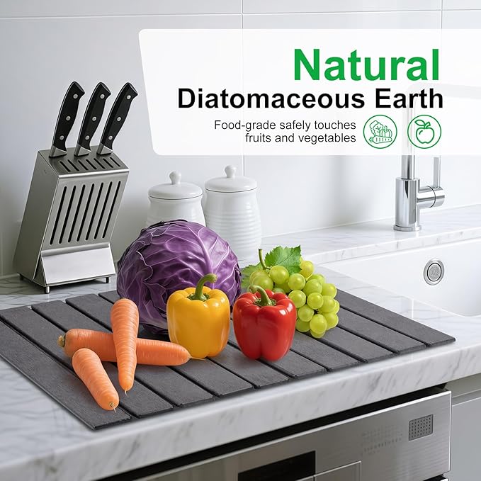Stone Drying Mat for Kitchen Counter Large, Foldable Quick Dry Diatomaceous Earth Mat for Dishes Bottles Cups, Absorbent Collapsible Stone Dish Drying Mat for Countertop Bathroom 23" x 15.3"