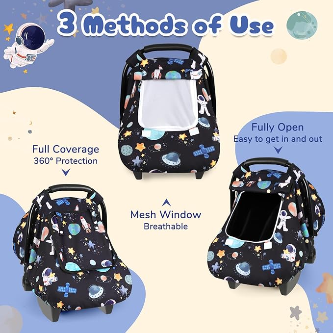 Baby Car Seat Cover, Windproof Carseat Cover for Infant Girls, Infant Warm Carseat Canopy with Double Layer Fabric for Winter, Compatible with Most Baby Car Seat, Space