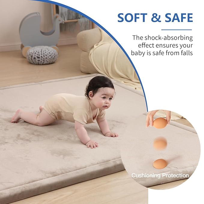 Huloo Sleep 2" Thick Extra Safety Baby Play Mat for Floor,Ultra Soft Elasti-Foam 50x50 Playpen Mat for Toddlers Infant Kids,Non-Slip Backing Safe for Crawling&Tummy Time,Tatami Style (Beige)
