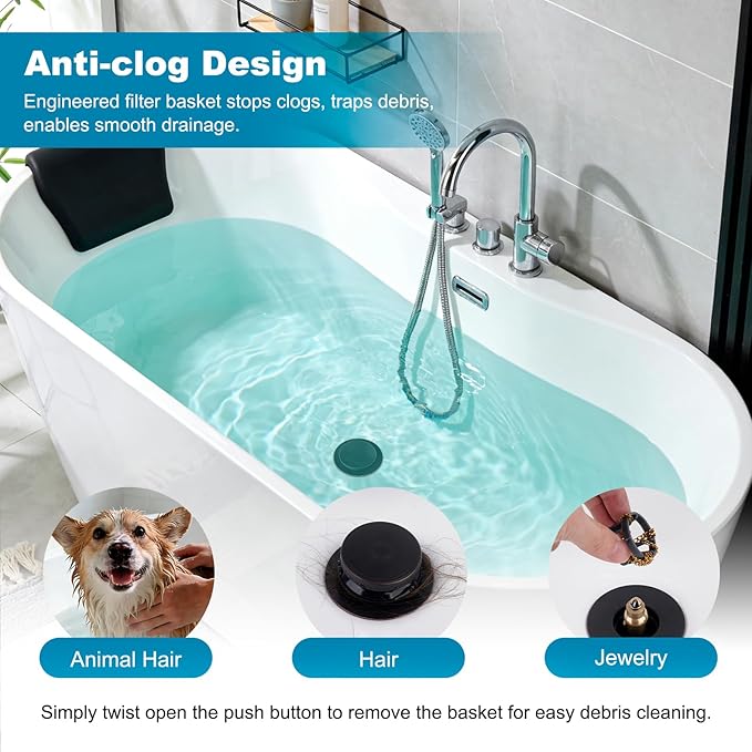 Hibbent 3 in 1 Metal Bathtub Drain Stopper, Universal Pop Up Tub Stopper, Bathtub Drain Hair Catcher, Removable Filter Basket, Drain Plug for 1.5''~2.4'' Drain, Brass Bullet Core, Oil-Rubbed Bronze