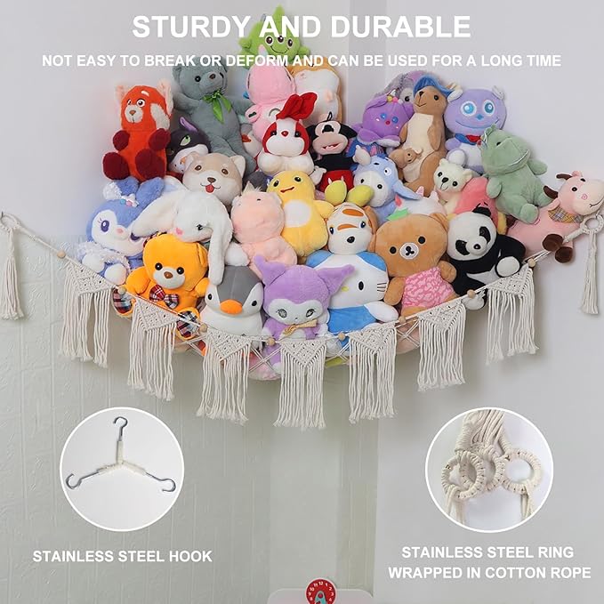 Large Stuffed Animal Hammock or Net, Macrame Boho Toy Hammock with LED Light, Decorate Net for Stuffed Animals Corner, Space Saving Hanging Stuff Animal Organizer Holder for Kids Bedroom Playroom