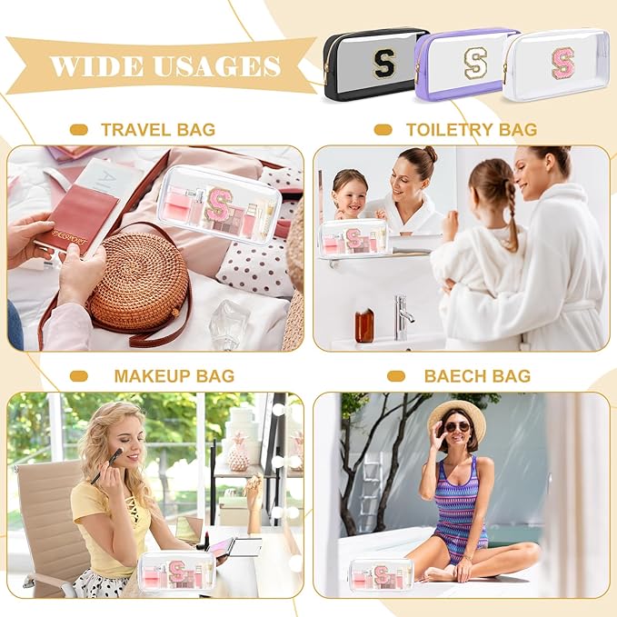 Personalized Initial Letter Clear Makeup Bag,Preppy Small Nylon&PVC Cosmetic Zipper Bag with Chenille Letter,Travel Skincare Toiletry Bag,Monogram Christmas Gift for Teen Girls Women,S
