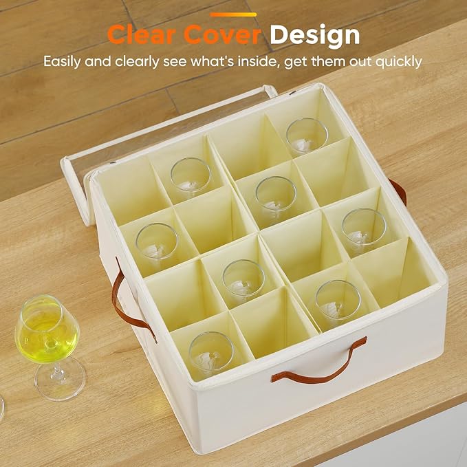 Foyego Wine Glass Storage Box with Dividers, 2 Pack Glassware Storage Containers, Stemware Storage Cases Holds 32 Wine Glasses, Stackable Crystal Storage Containers with Clear Cover for Moving，Beige