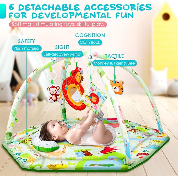 Baby Play Mat,Tummy Time Mat with 6 Detachable Toys-Activity Gym for Visual, Auditory & Motor Development-Washable Baby Activity Mat for 0-12 Month Infants(Animal Theme)