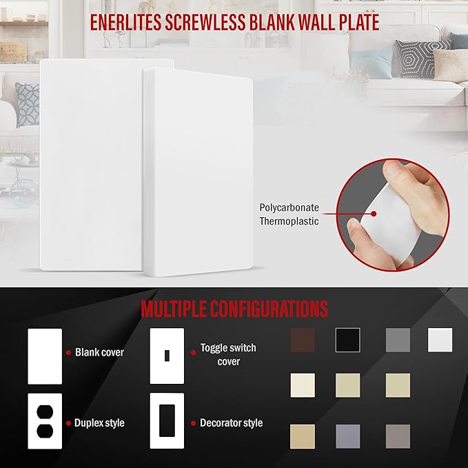 ENERLITES Screwless Blank Wall Plate, Child Safe Blank Device Outlet Cover, Standard Size, 1-Gang 4.68" x 2.93", Polycarbonate Thermoplastic, UL Listed, SI8801-W, Glossy, White