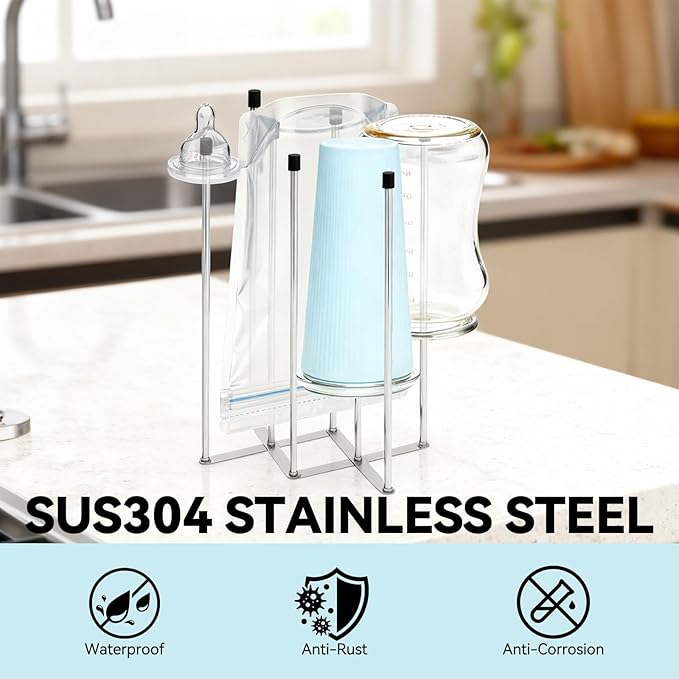 Foldable Baby Bottle Drying Rack – 8-Pole Collapsible Bottle Organizer, suitable for cups, silicone bags, and kitchen waste bags – Space-Saving Countertop Dryer for Home & Travel (Silver)