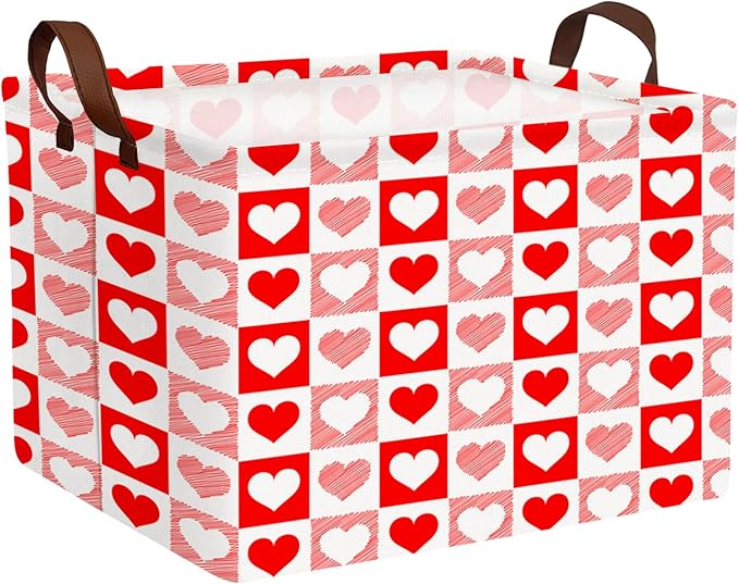 ASKETAM Valentine's Day Basket for Gifts Empty Cute Heart Large Gift Basket Decorative Storage Bin for Kid and Baby Room Décor (Red Checkered Heart)