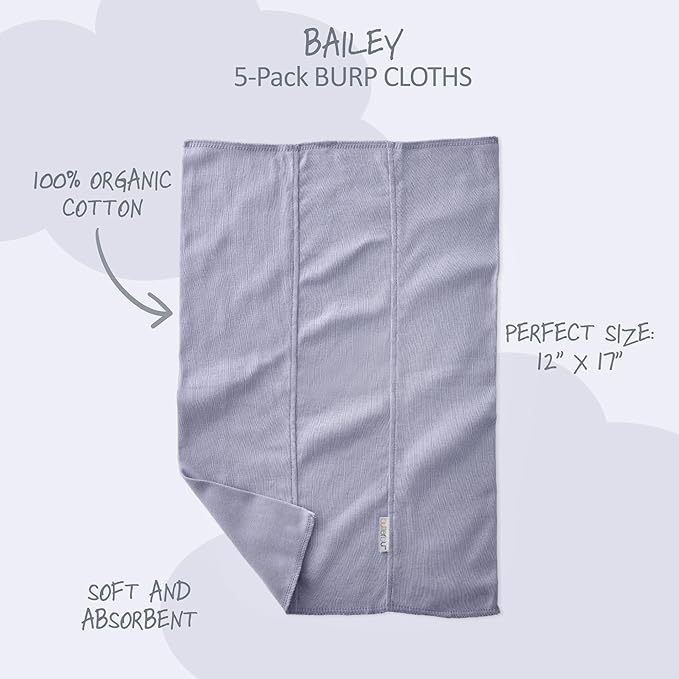 Butterblu Bailey 5-Pack Burp Cloths 100% Organic Cotton Knit for Newborn & Baby Boys & Girls, Frost, One Size