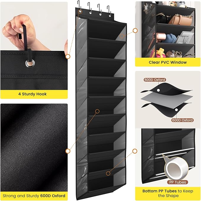 Mefirt 10 Tier Clear Over the Door Shoe Organizer with Deep Pockets, Door Shoes Rack with Hard Tube to Keep the Shape, Hanging Shoe Rack for Closet Organizers & Storage, Behind Door Shoe Holder Black