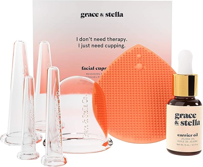 Facial Cupping (7-Pc Set) - Face Cupping Set - Facial Suction Cups With Jojoba Oil & Cleansing Brush To Reduce Appearance Of Fine Lines - Face Suction Cup Set For Lymphatic Drainage by grace & stella