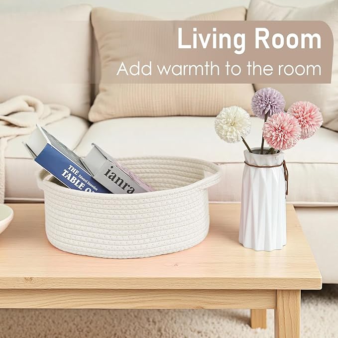 JMvicyroam Woven Basket,Small Rope Storage Bin with Handles & Ribbon Bag, Organizer for Shelves Closets,Gift Basket Empty for Birthday,Books,Dog Toys,White