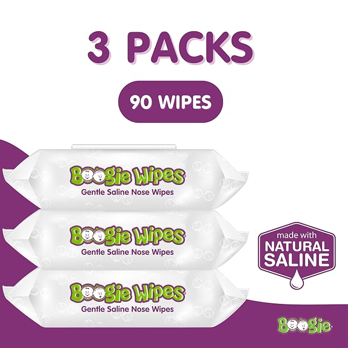 Boogie Wipes Saline Nose Wipes - 90 Count - Unscented, Hypoallergenic & Alcohol-Free - Allergy Relief - Made with Natural Saline, Aloe, Chamomile & Vitamin E - Diaper Bag Essential