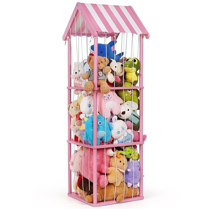 Edudif Stuffed Animal Storage, Space Saving Vertical Stuffed Animal Holder Wood, Easy Assembly Cottage-Style Plush Toys Organizer for Kids Bedroom & Playroom (Pink, Large)