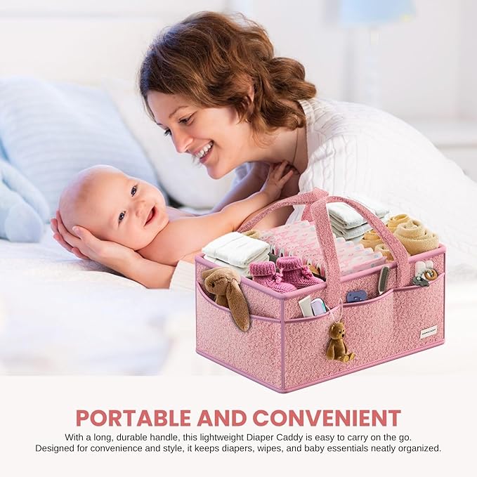 BREEZYBUBS Large Diaper Caddy Organizer with Dividers - Baby Basket for Nursery and Changing Table - Portable Storage with Strong Handles for Diapers, Wipes and Newborn Essentials