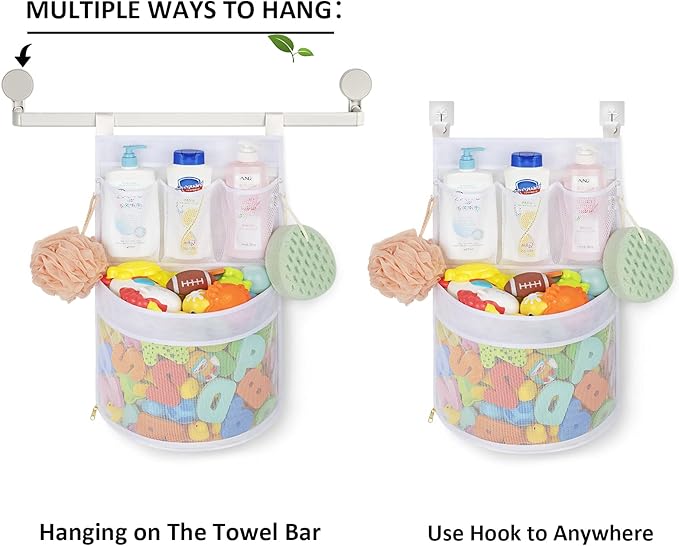 Baby Bath Toy Organizer, quick drying， and mould proof, Multiple-Suspension Bath Toy Holder, Large Capacity Multi Use Bathtub Toy Storage Bag（1 Large, White）