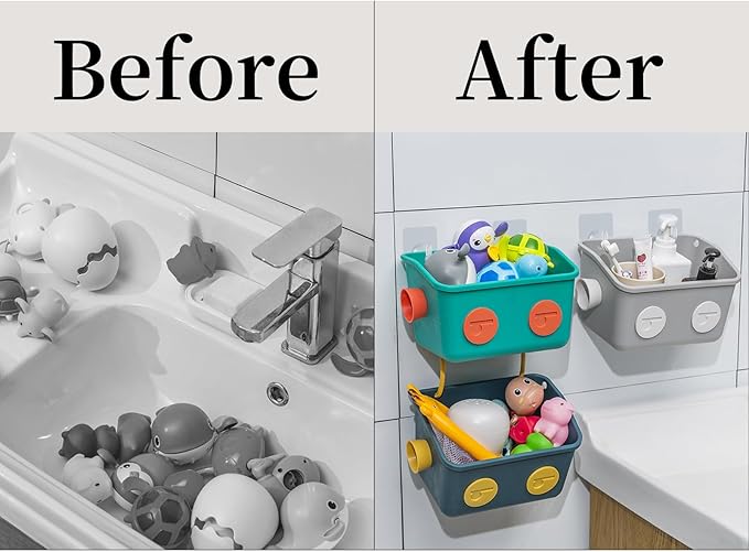 LUFOFOX Bath Toy Storage Organizer Basket, 3 Layers Colorful Robot Modeling Wall Mounted Kids Hanging Shower Caddy with Hooks for Shampoo