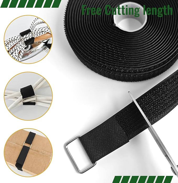 1 Inch x 16 Ft Hook and Loop Straps, 25 Metal Buckles, Adjustable Reusable Securing Cord Ties, Freely Cut-to-Length Cinch Strap, Suitable for Organization and Storage