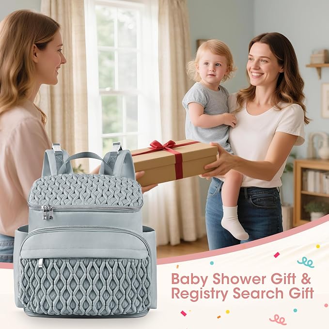 Baby Diaper Bag, Multi-Function Baby Bag for Mom Dad, Diaper Backpack with Changing Pad Stylish Pañaleras para Bebe Stroller Straps, Newborn Baby Essentials Must Haves for Women Grey Green