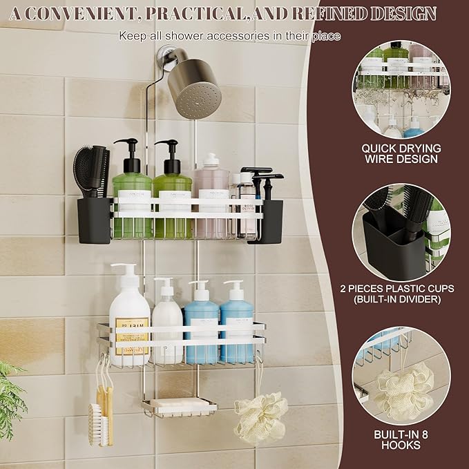 Shower Caddy Hanging for Bathroom Organizers and Storage, 3 Tier Adjustable Anti-Swing Shower Organizer Hanging with Heavy-Duty Suction Cups, Damage-Free Rustproof (Chrome)