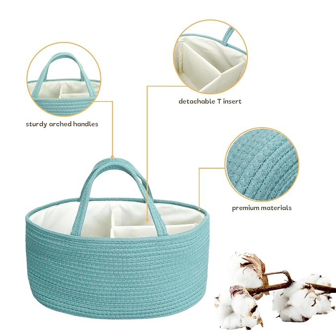 luxury little Diaper Caddy Organizer, Large Cotton Rope Nursery Baby Basket, Changing Table Organizer for Baby Diaper Storage, Portable Car Organizer Removable Divider (Lake Blue, Extra Large)