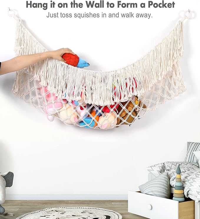 Stuffed Animal Hammock - Extra Large 56'' Long, Stuffed Animal Storage, stuffed animal Holder net, Hammock Large, Storage Hanging Organizer - Cream White