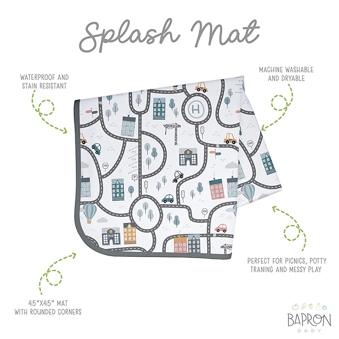 BapronBaby Tiny Town Splash Mat - Waterproof Catch-All for Under High Chairs, Floors, Tables, Playtime or Arts & Crafts - Machine Washable - 45" x 45”