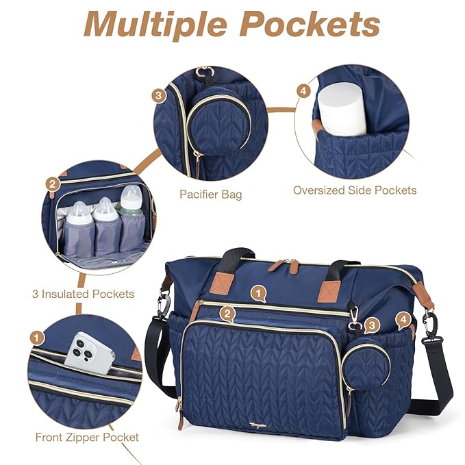 Tonyeee Diaper Bag Tote, Large Baby Diaper Bags Waterproof, Hospital Bag for Labor Delivery with Pacifier Case, Changing Pad, Shoulder Strap, Dark Blue