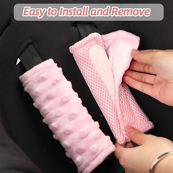 WINGHENLEE Baby Car Seat Strap Pads, Car Seat Strap Shoulder Covers for Baby Infant Toddler, Double-Sided Car Seat Belt Covers for Stroller/Pushchair/Baby Swing, Soft Flannel & Mesh, Pink