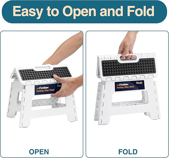 Flottian 9" Folding Step Stool for Adults and Kids Holds Up to 300 lbs,Non-Slip Folding Stools with Portable Handle, Compact Plastic Foldable Step Stool for Bathroom,Bedroom, Kitchen White