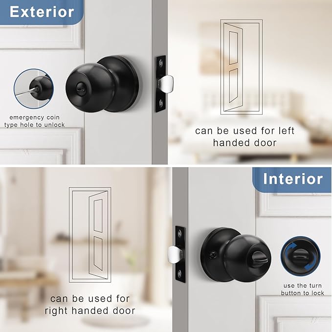 Knobonly 10 Pack Privacy Door Knobs Matte Black, Keyless Door Knobs Interior for Bedroom and Bathroom, Round Door Handles Stainless Steel, Classic Design
