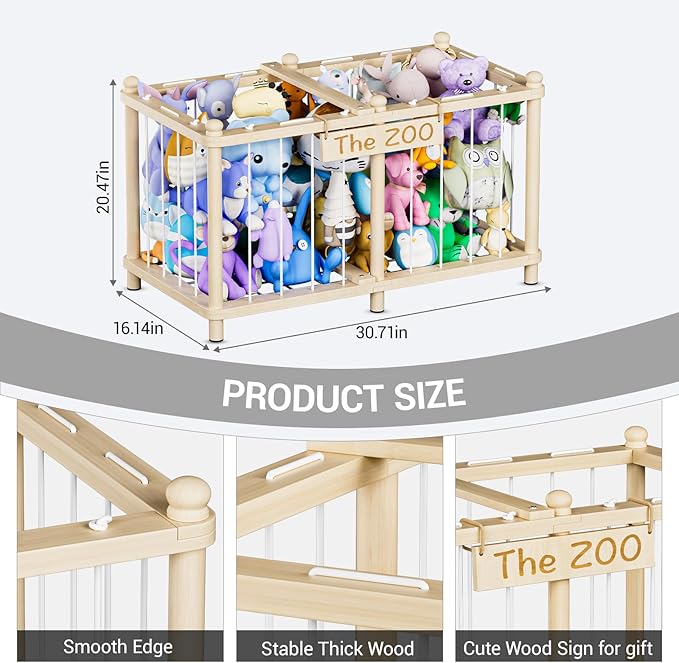Viktorpai Stuffed Animal Storage Zoo, Wooden Toy Organizers and Storage, Large Capacity Kids Stuffy Organizer, Space Save Stable Plushies Holder Cage for Toddler Room, Bedroom, Playroom & Nursery