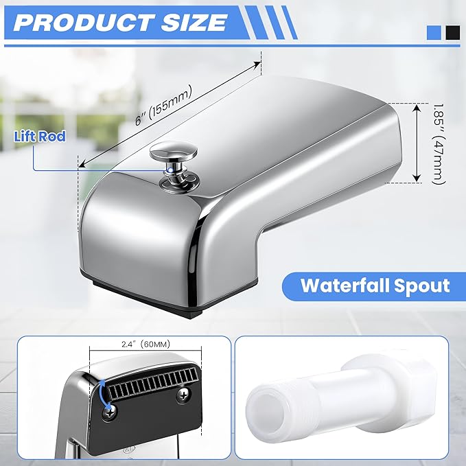 Dreyoo Tub Spout (Universal Fits 1/2" Copper Pipe, 1/2" IPS and 3/4" IPS), Bathroom Bathtub Faucet with Adapters and Hex Wrench(Chrome,Waterfall Spout)