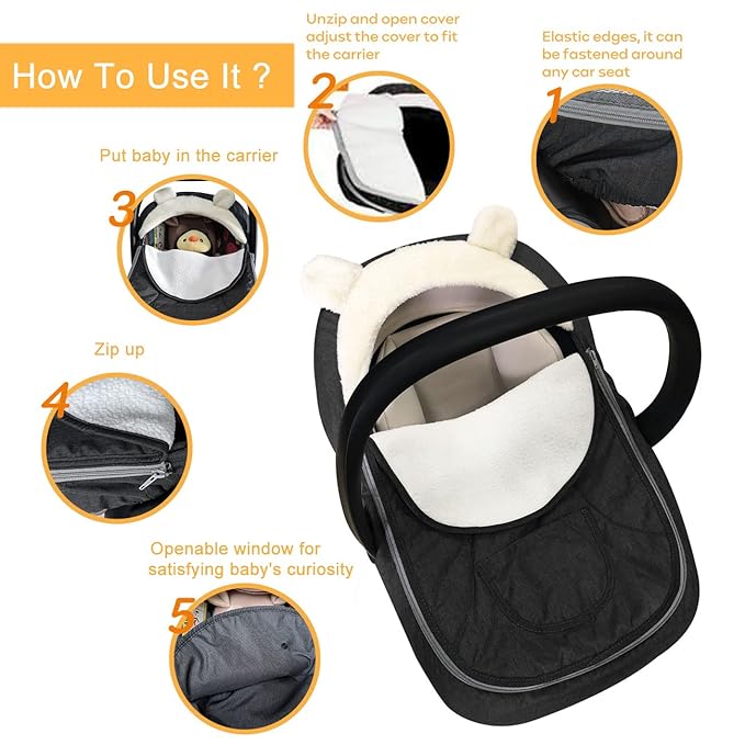 Carseat Cover,Baby Car Seat Cover,Infant Carseat Cover Canopy Universal Fitted Winter Autumn Spring Car Seat Cover for Babies Boy Girl Newborn,with Mesh Cover,Warm Breathable-Black