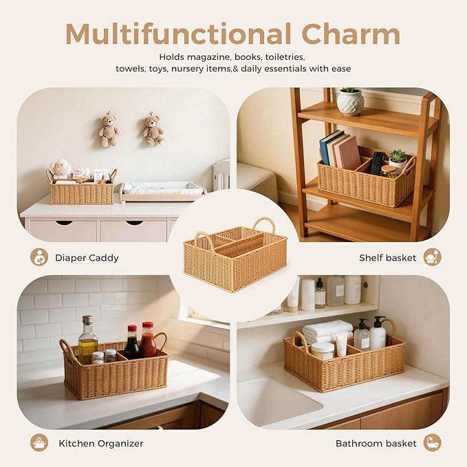 Diaper Caddy Organizer, Hand Rattan Nursery Baby Basket Changing Table Organizer for Baby Essentials, Baby Shower Gifts, Versatile Shelf Basket Bathroom/Kitchen Organizer (PE Rattan, L)