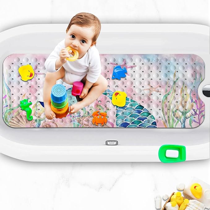KINUUIS Bathtub Mats for Kids, Pink Mermaid Bath Mat for Tub Non Slip, 40 X 16 Inch Large Washable Bathtub Mat Non Slip for Showers with Drain Holes and Suction Cups