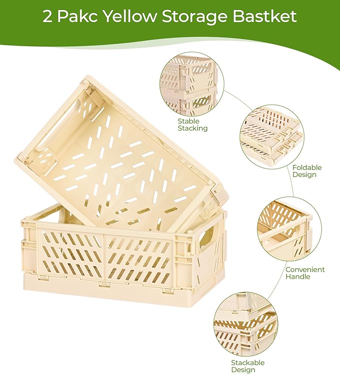 HUUSMOT 4-Pack Small Pastel Plastic Storage Baskets, Collapsible Crates for Organizing, Space-Saving Mini Bins for Classroom, Kitchen, Office, Bedroom (Yellow, 9.8" x 6.5" x 3.8")