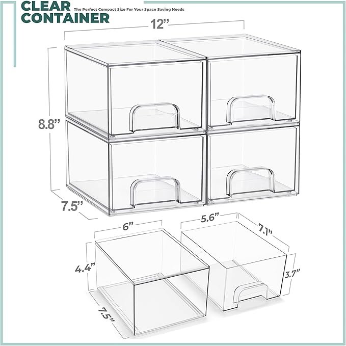 Sorbus Stackable Acrylic Storage Drawers, 4 Pack Clear Plastic Organizer Bins for Baby Bottles, Makeup, Bathroom, Vanity & Kitchen Countertop Organization, Pull-Out Drawer Design for Cabinets & Pantry