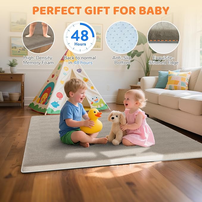 Omzer Baby Play Mat for Floor: Soft & Safe - 1.3'' Thick Foam Playpen Mats with Machine Washable Removable Cloth Cover for Tummy Time - Non Slip Crawling Pad for Toddler, Infant, Kids (Khaki, 65''x 50'')