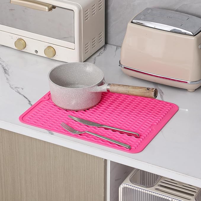 MicoYang Silicone Dish Drying Mat for Multiple Usage,Easy clean,Eco-friendly,Heat-resistant Silicone Mat for Kitchen Counter or Sink,Refrigerator or drawer liner Rose L 16 inches x 12 inches