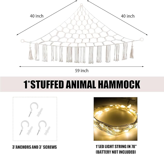 CERETIA Stuffed Animal Hammock with LED Light, Large Stuffed Animals Storage Corner Plushie Net for Kids Room Decor, White
