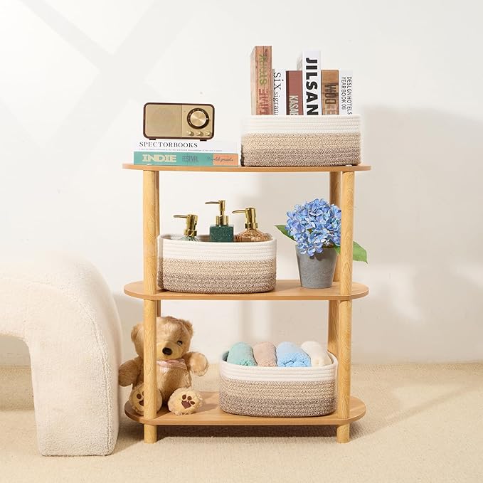 Small Storage Baskets for Organizing | Closet Organizer Bins | Shelf Toy Basket | Woven Rope Baskets | Cube Decorative Box | Shallow Basket |11.5x7.5x4.7”| 4 Packs Gradient Brown