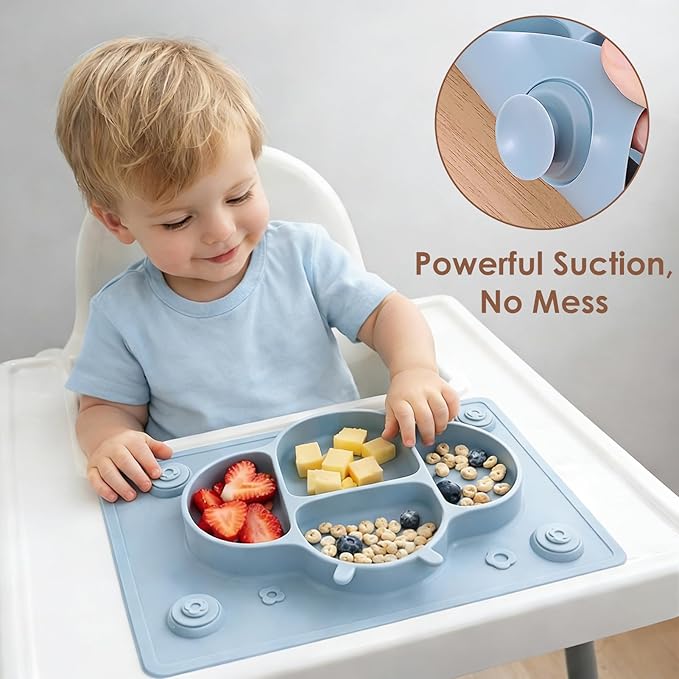 ROCCED Suction Plates for Baby Placemat Spoon Fork Set for Toddlers, Silicone Baby Plates with Suction Baby Dishes for Kids Plates-grey