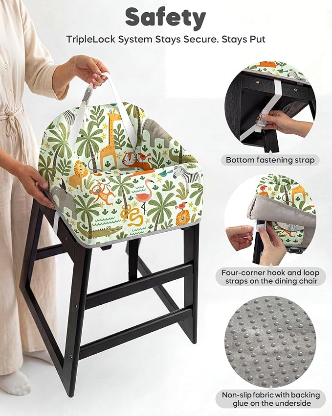 Mamatepe Baby High Chair Cover with Strap Pads & 2-Point Harness - Machine Washable, Waterproof, Portable for Restaurant/Travel/Home - Fits Wooden High Chairs, Green Forest