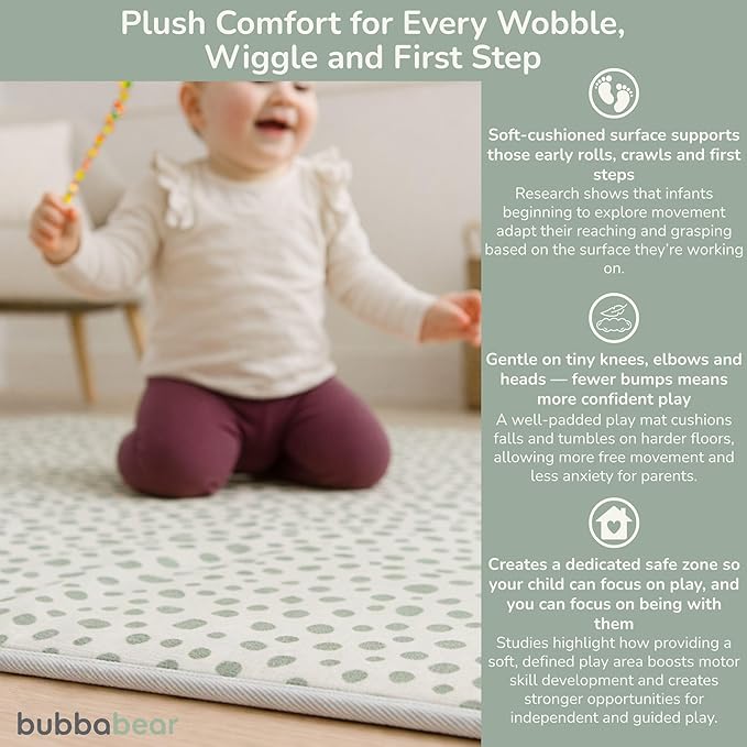 Bubba Bear Baby Play Mat, Thick Foam with Pattern Design, Foldable Waterproof Padded Crawling Mat for Babies (Green Spots, 79 x 59 Inches)