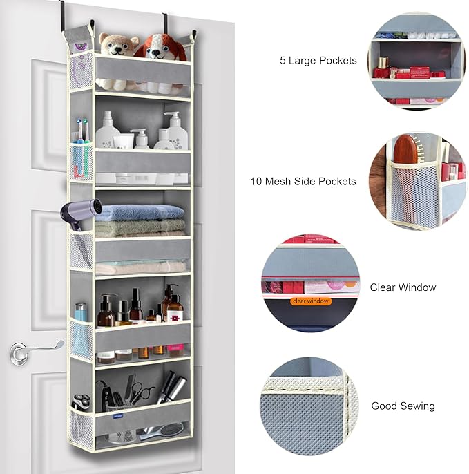 roomtalk 2 Pack Over The Door Hanging Organizer 5-Shelves and 10 Side Pockets, Over The Door Storage for Bathroom and Bedroom, Back of Door Organizers for Baby Products and Kid's Toys(13"x5"x44" Grey)