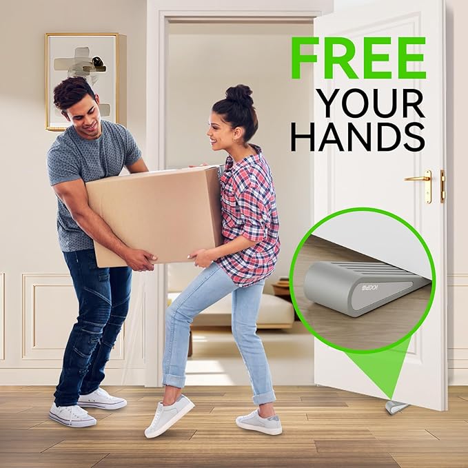4 Pack Rubber Door Stopper Wedge - Grey Non-Slip Soft TPR High-Elastic & Zinc Alloy Metal Material Door Stops for Bottom of Heavy Duty Door Wall Protector for Home & School with Self Adhesive Holder